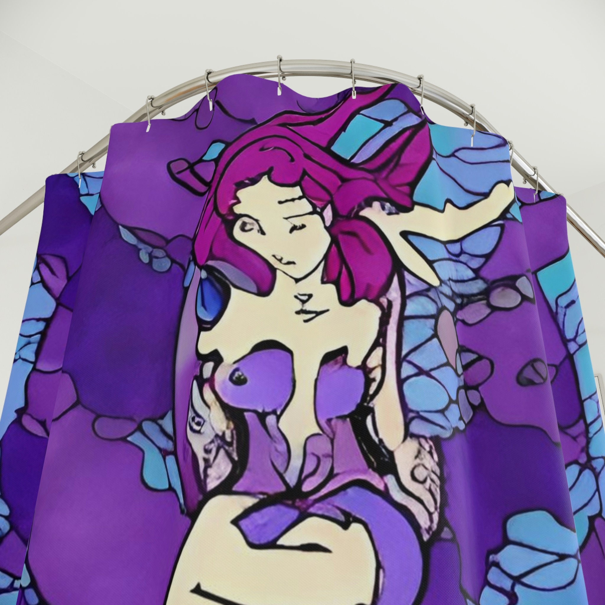 Mermaid Print Shower Curtain - Modern Art Design, Purple Mermaid Art, Bathroom Decor Inspiration