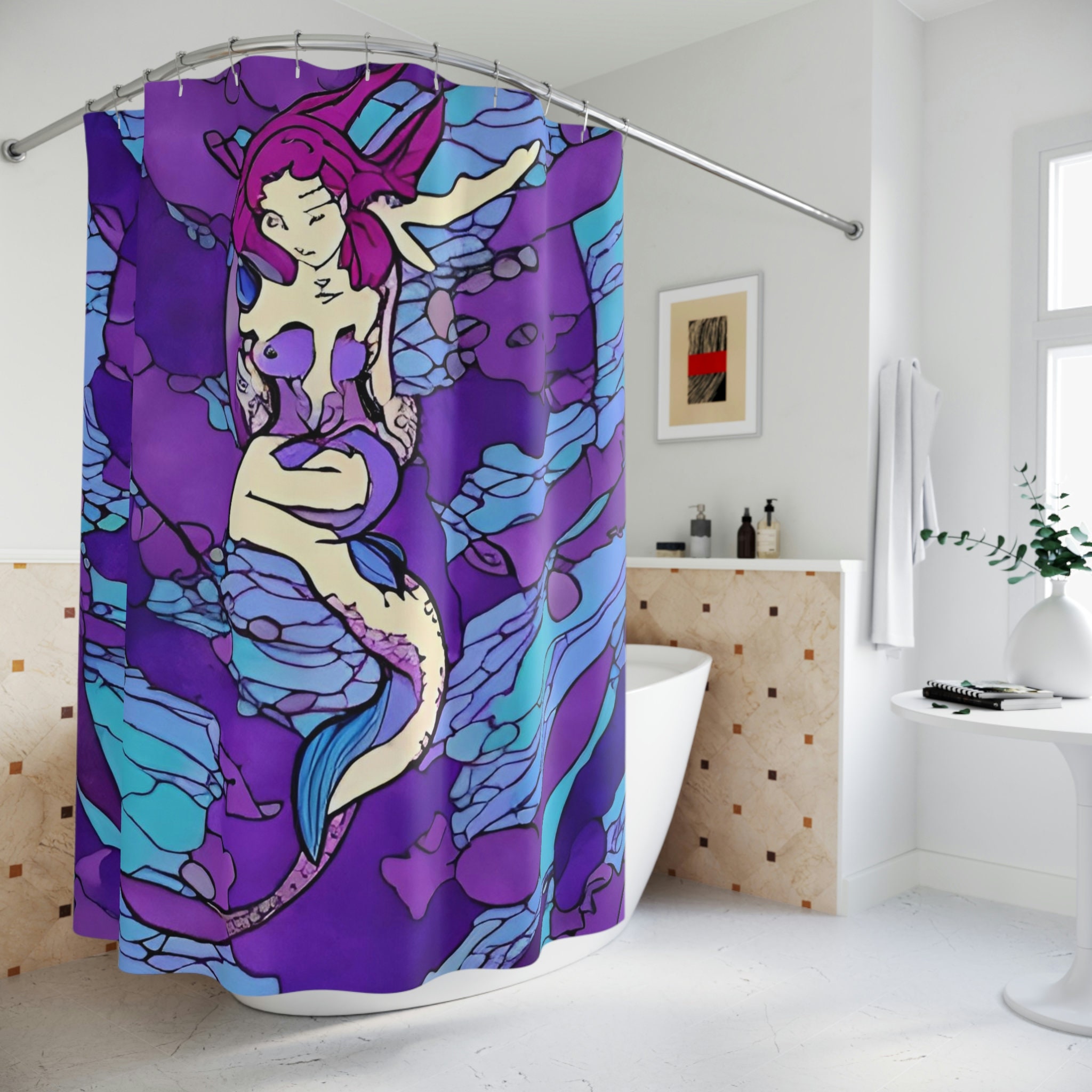 Mermaid Print Shower Curtain - Modern Art Design, Purple Mermaid Art, Bathroom Decor Inspiration