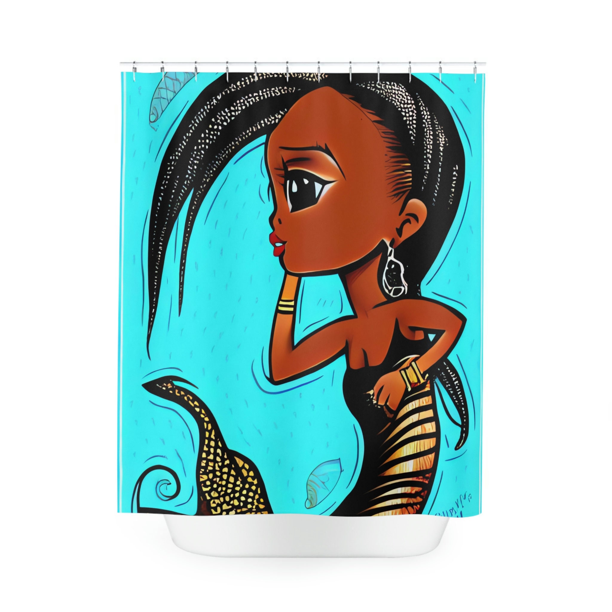Mermaid Print Shower Curtain, Ocean Art Design For Modern Bathroom Decor, Kids And Teal Shower Curtain - Image 2