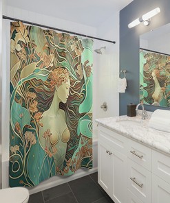 Mermaid Printed Shower Curtain, Art Nouveau Bathroom Decor With Ethereal Underwater Garden Print