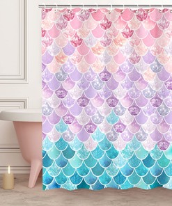 Mermaid Scale Shower Curtain with Ocean Themed Fantasy Design, Girls Bathroom Decor 