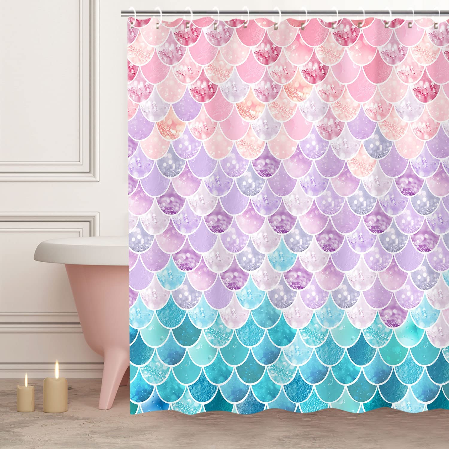 Mermaid Scale Shower Curtain with Ocean Themed Fantasy Design, Girls Bathroom Decor