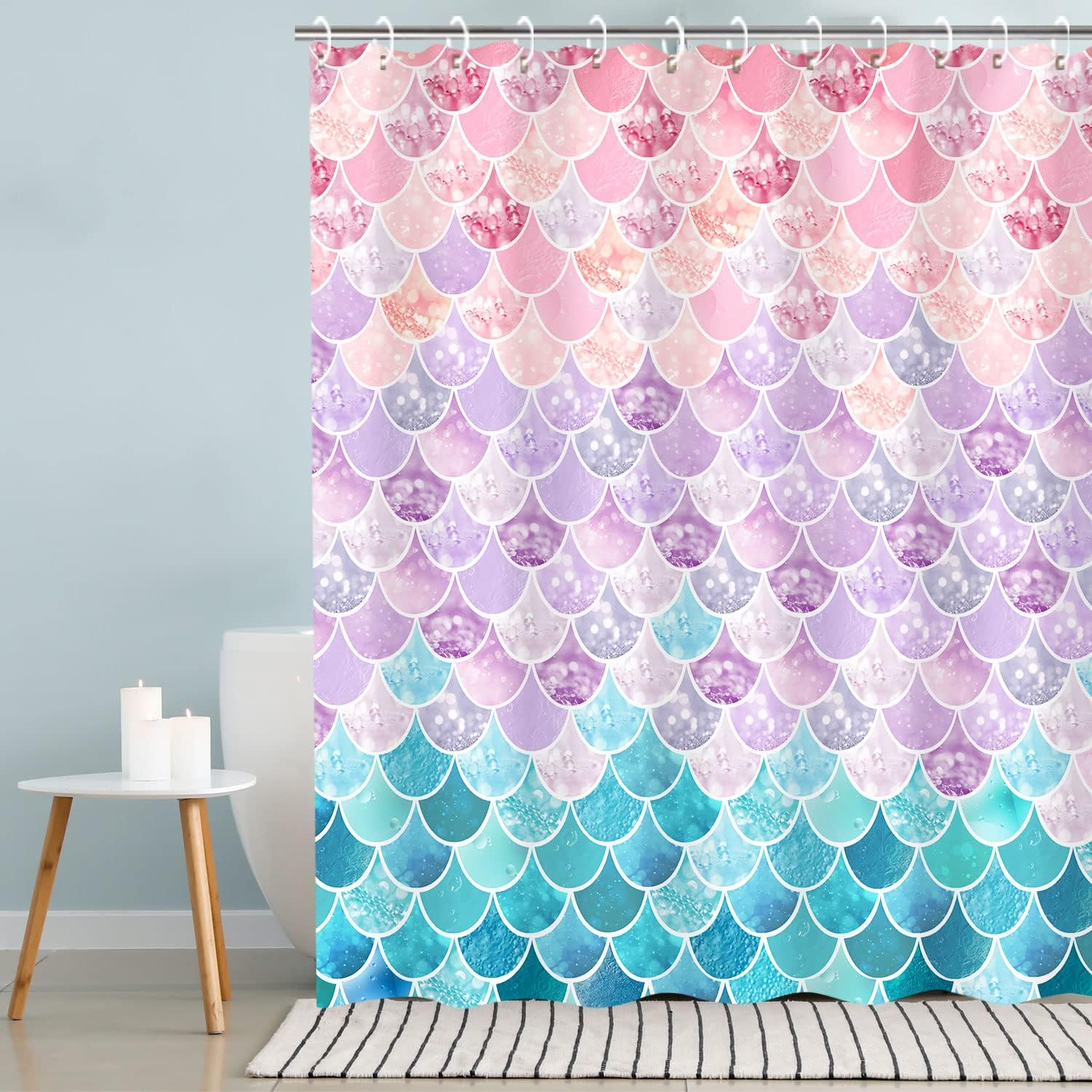 Mermaid Scale Shower Curtain with Ocean Themed Fantasy Design, Girls Bathroom Decor