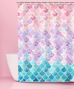 Mermaid Scale Shower Curtain with Ocean Themed Fantasy Design, Girls Bathroom Decor