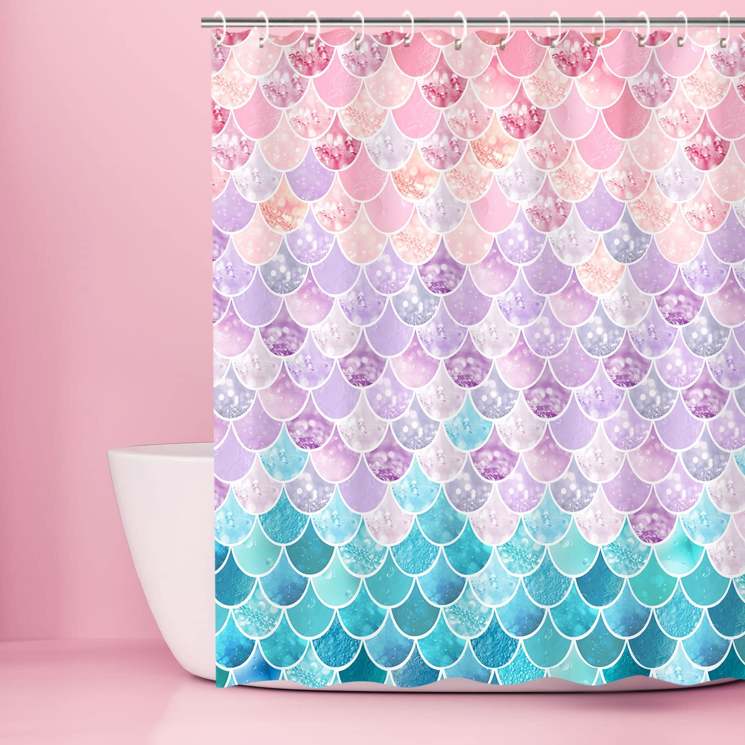 Mermaid Scale Shower Curtain with Ocean Themed Fantasy Design, Girls Bathroom Decor