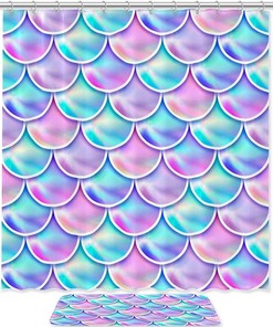 Mermaid Scales Gradient Printed Waterproof Shower Curtain For Colorful Bathroom Decor