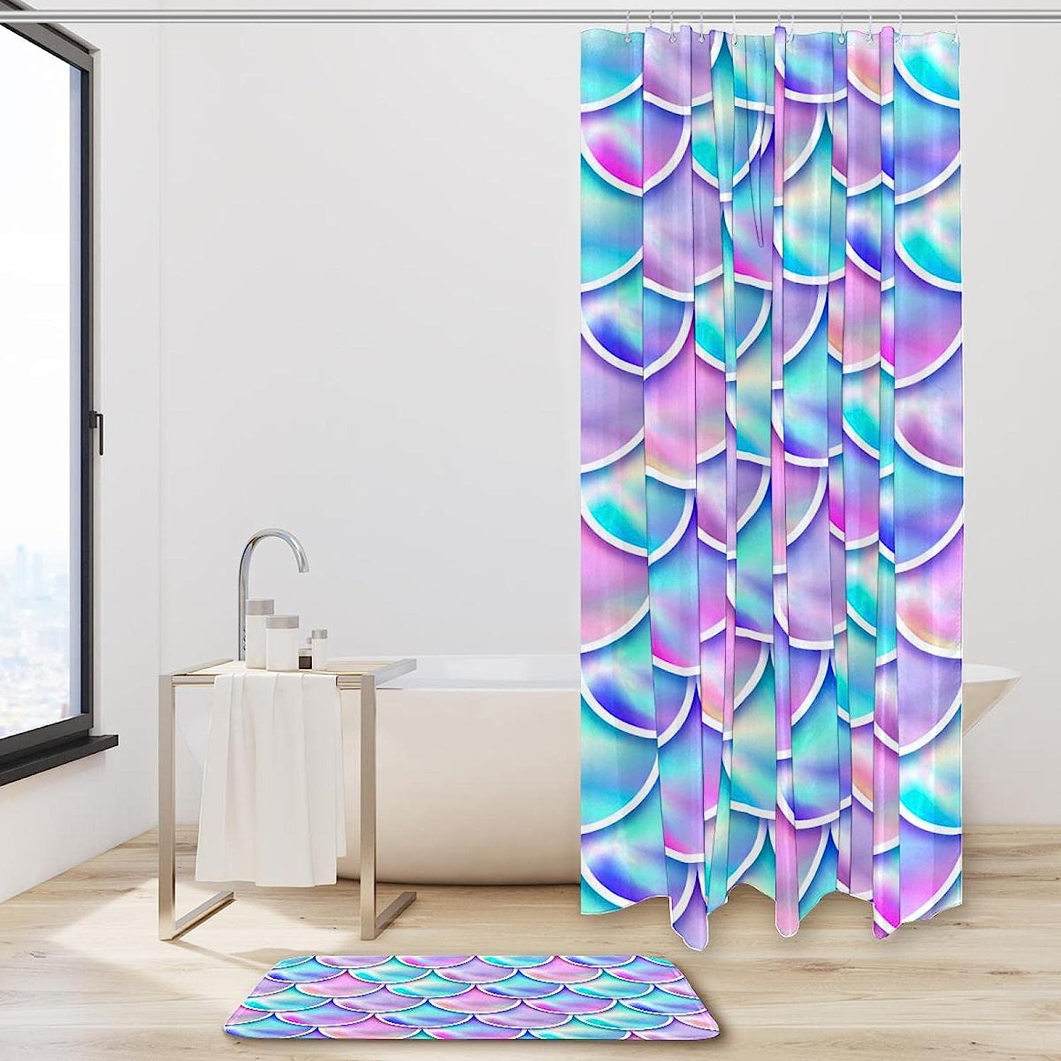 Mermaid Scales Gradient Printed Waterproof Shower Curtain For Colorful Bathroom Decor - Image 2