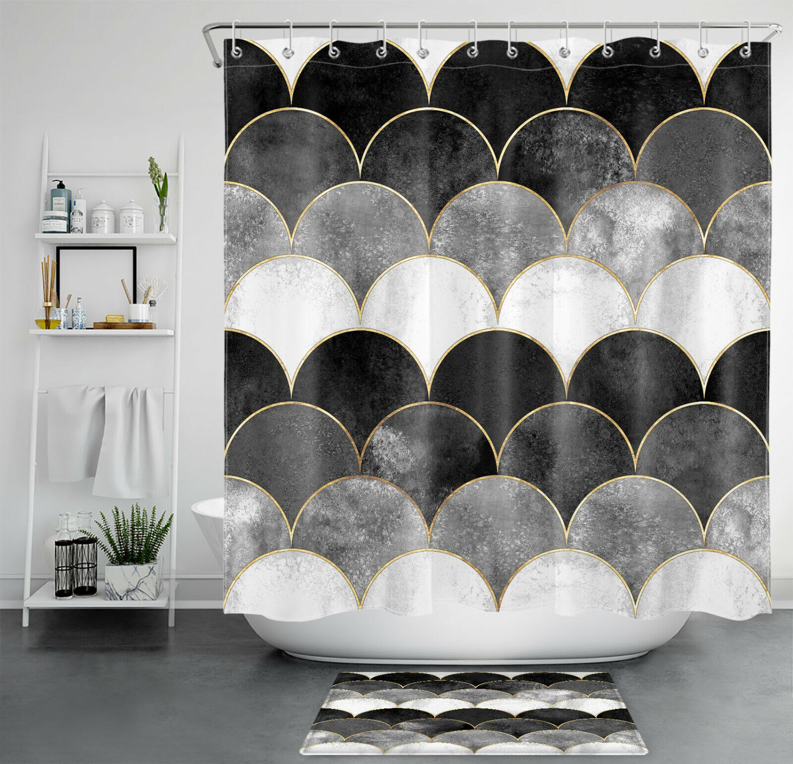 Mermaid Scales Gradient Shower Curtain With Black And White Colors