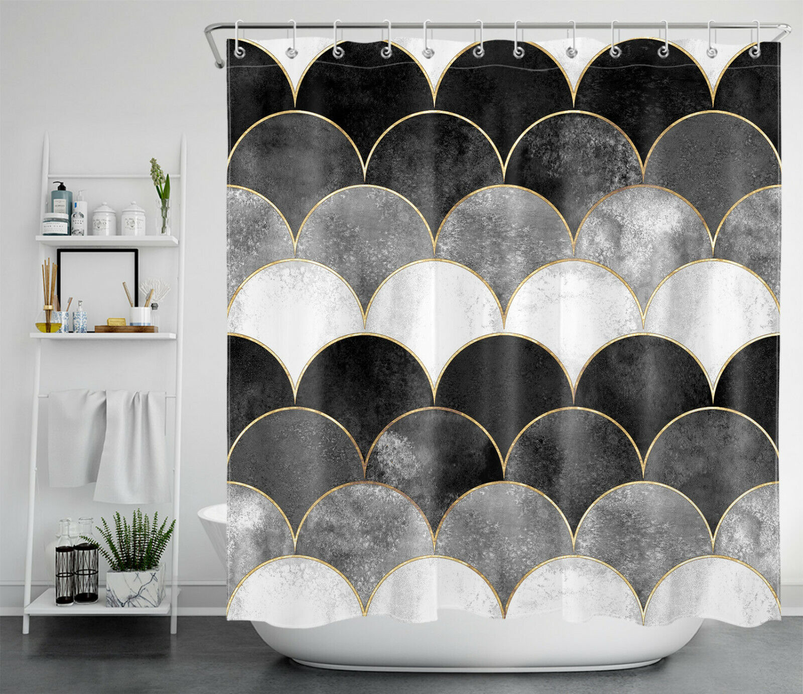 Mermaid Scales Gradient Shower Curtain With Black And White Colors - Image 2
