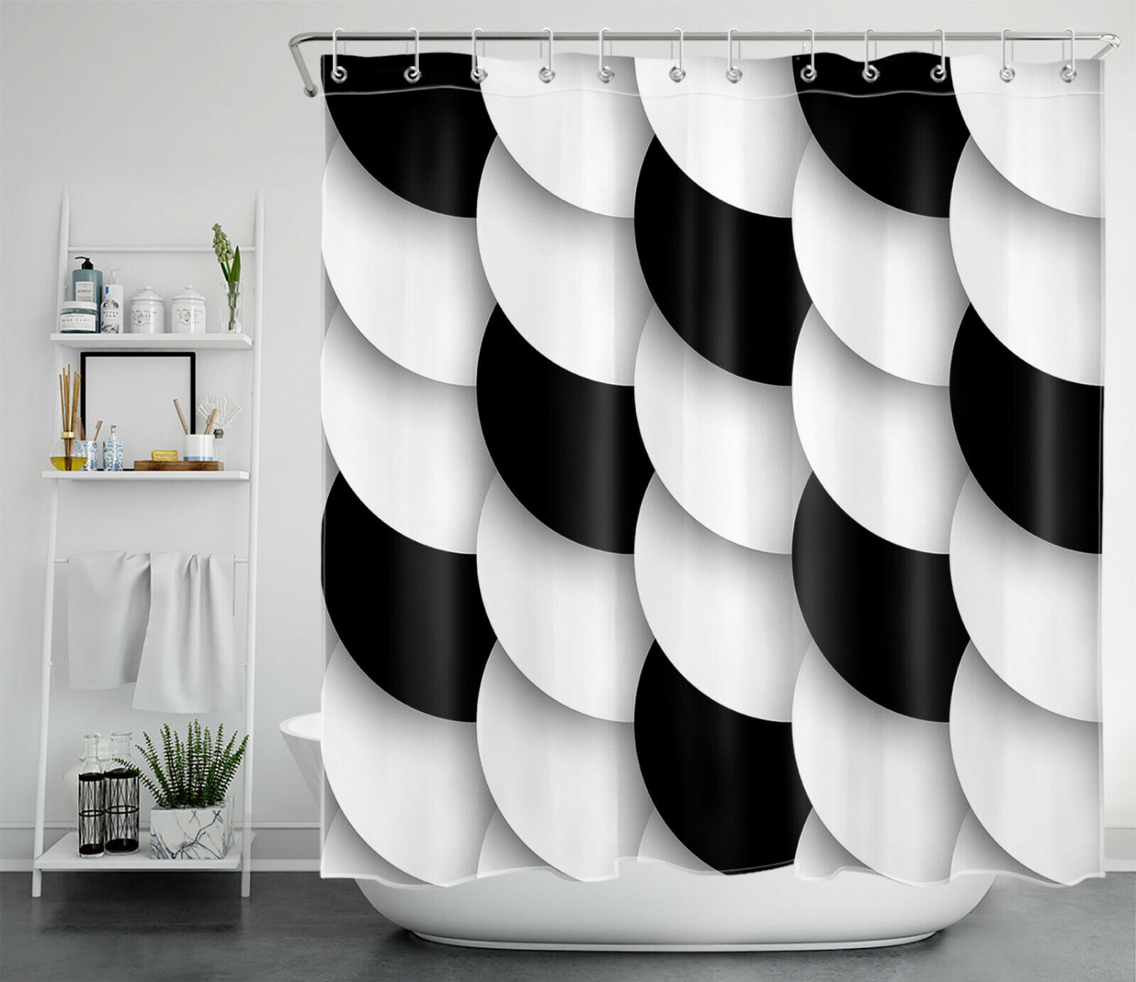 Mermaid Scales Shower Curtain In Blue And White For Beachy Bathroom - Image 2