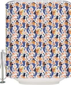 Mermaid Shell Coral Seahorse Print Shower CurtainOceanic Bathroom Decor for Women & Kids