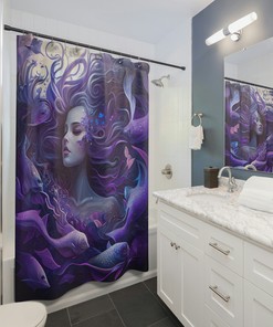 Mermaid Shower Curtain In Shades Of Purple And Blue, Ocean-Inspired Bathroom Accessory 