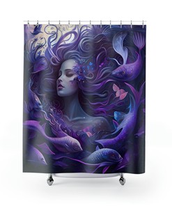 Mermaid Shower Curtain In Shades Of Purple And Blue, Ocean-Inspired Bathroom Accessory