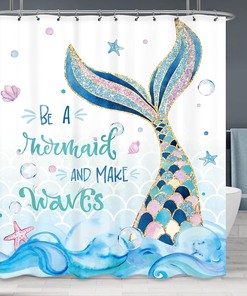 Mermaid Shower Curtain Motivational Quotes Ocean Waves Pink Blue Kids Girl Bathroom
