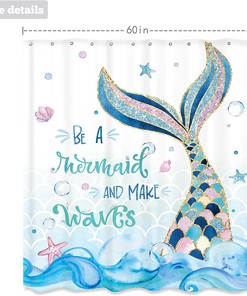 Mermaid Shower Curtain Motivational Quotes Ocean Waves Pink Blue Kids Girl Bathroom