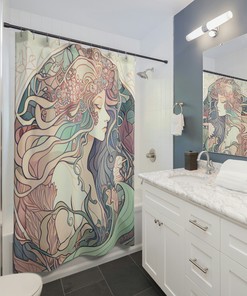Mermaid Shower Curtain With Print Of Intricate Patterns And Flowing Hair, Art Nouveau Bathroom Decor