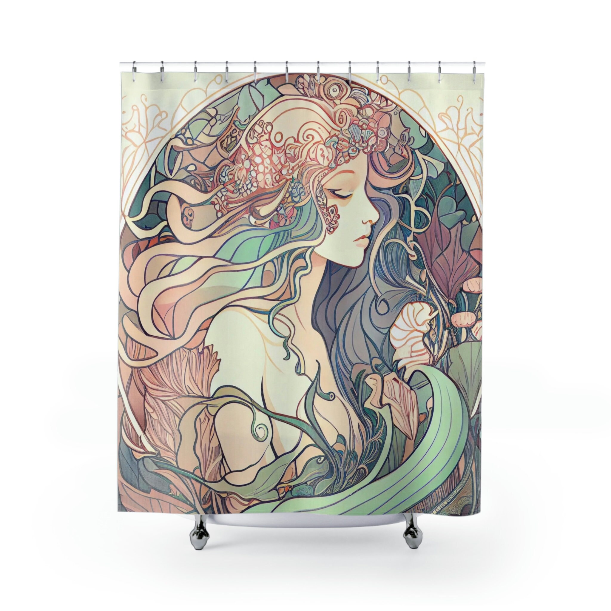 Mermaid Shower Curtain With Print Of Intricate Patterns And Flowing Hair, Art Nouveau Bathroom Decor - Image 2