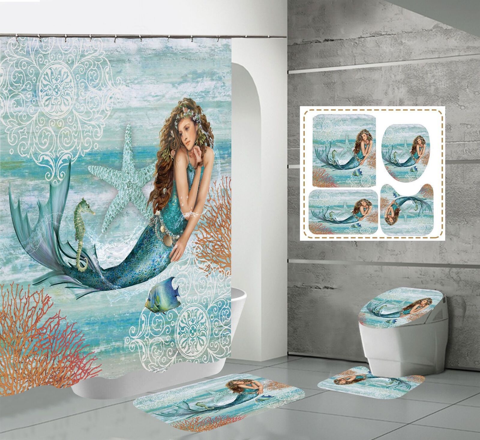 Mermaid Shower Curtain with Starfish Accent for Serene Bathroom Decor