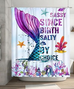 Mermaid Shower Curtain with Starfish Shell Coral Fish Tail - Cute Waterproof Fabric Decoration Set for Girls Room