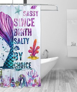 Mermaid Shower Curtain with Starfish Shell Coral Fish Tail - Cute Waterproof Fabric Decoration Set for Girls Room