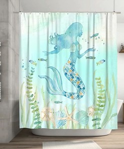 Mermaid Shower Curtain with Starfish Shell Print for Girls' Bathroom Decor