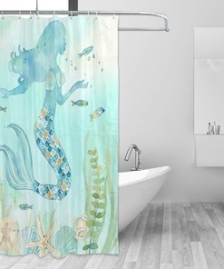 Mermaid Shower Curtain with Starfish Shell Print for Girls' Bathroom Decor