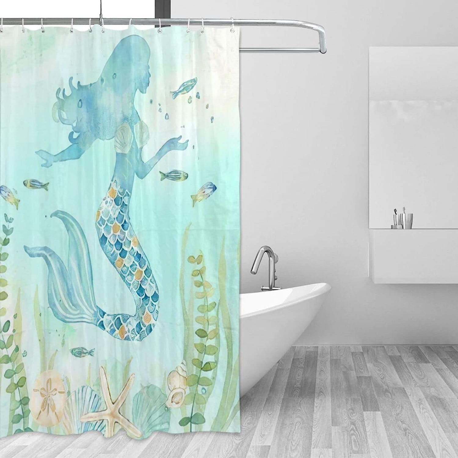 Mermaid Shower Curtain with Starfish Shell Print for Girls' Bathroom Decor