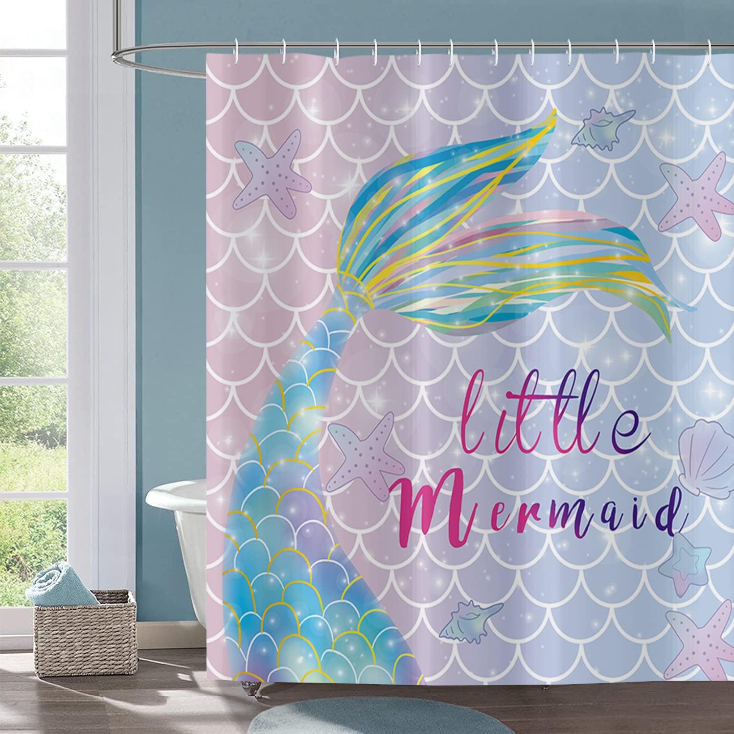 Mermaid Tail Scale Ocean Theme Shower Curtain For Girl Bathroom Decor