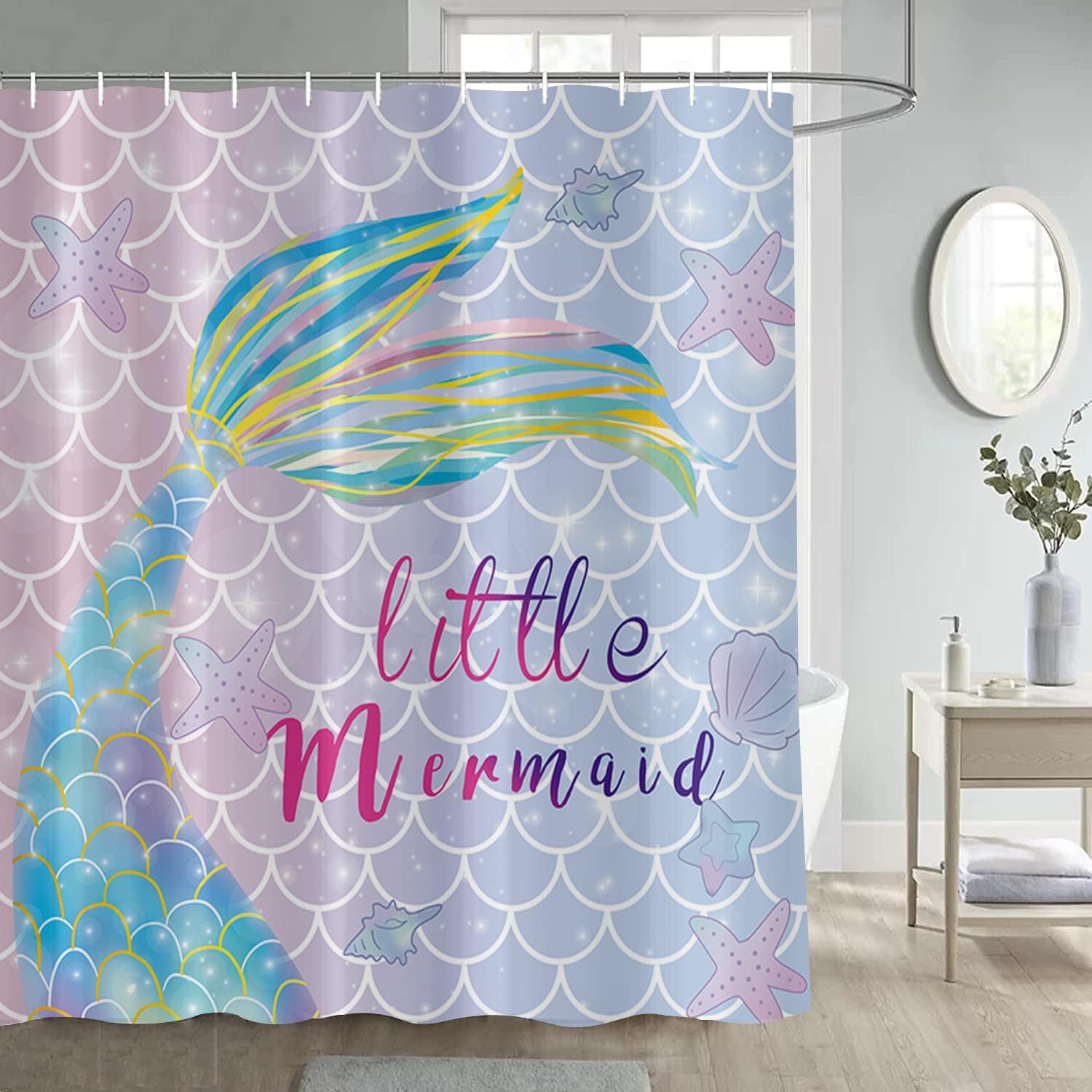 Mermaid Tail Scale Ocean Theme Shower Curtain For Girl Bathroom Decor