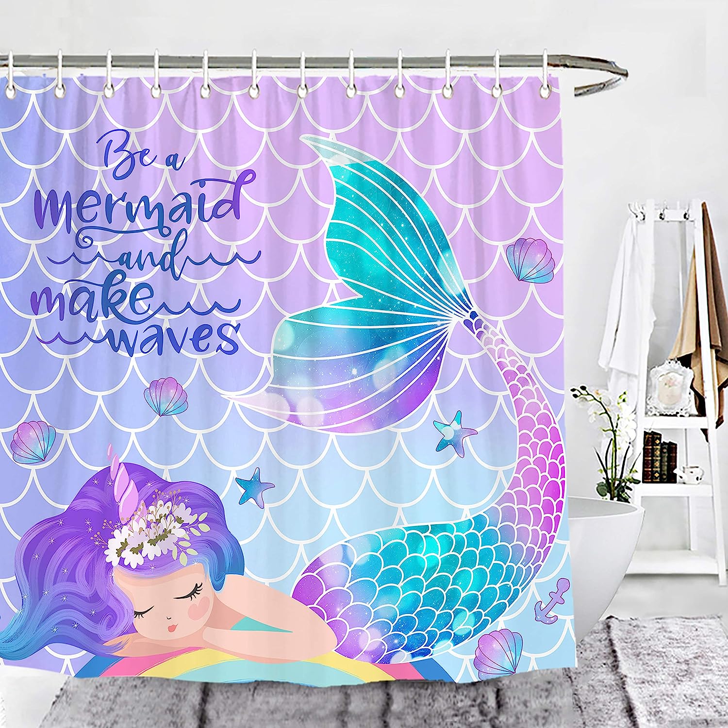 Mermaid Tail Scales Girls Shower Curtain - Kids Bathroom Decor by Wencal with Print Shower Curtain