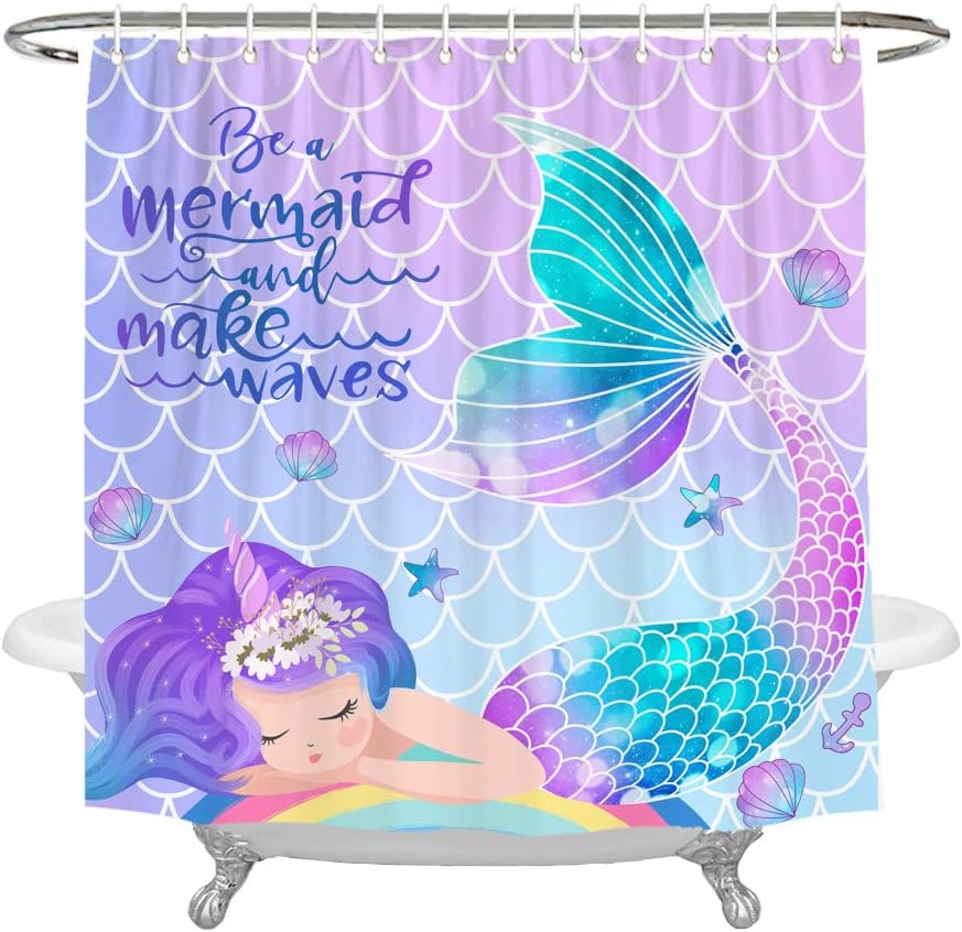 Mermaid Tail Scales Girls Shower Curtain - Kids Bathroom Decor by Wencal with Print Shower Curtain