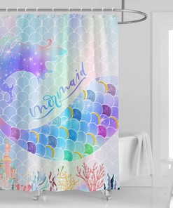 Mermaid Tail and Fish Scale Print Shower Curtain for Kids Bathroom