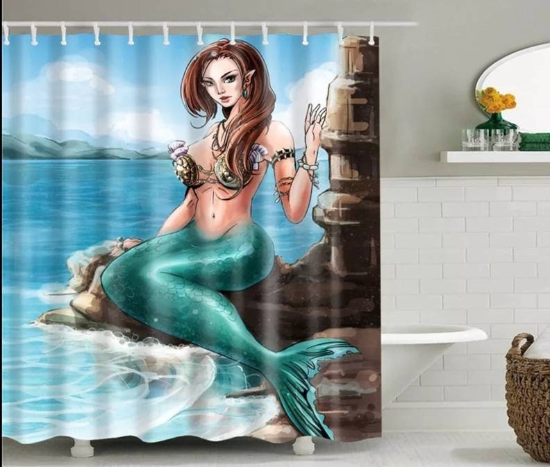 Mermaid and Octopus Shower CurtainUnderwater World Bathroom Decor with Fabric Curtains for Vanity