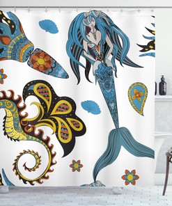 Mermaid and Sea Horse Sky Blue Shower Curtain for a Whimsical and Nautical Bathroom