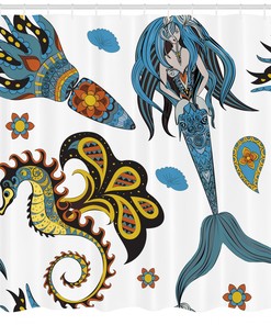 Mermaid and Sea Horse Sky Blue Shower Curtain for a Whimsical and Nautical Bathroom
