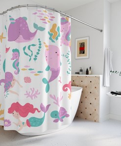 Mermaid and Unicorn Characters Shower Curtain for Kids Bathroom Decor