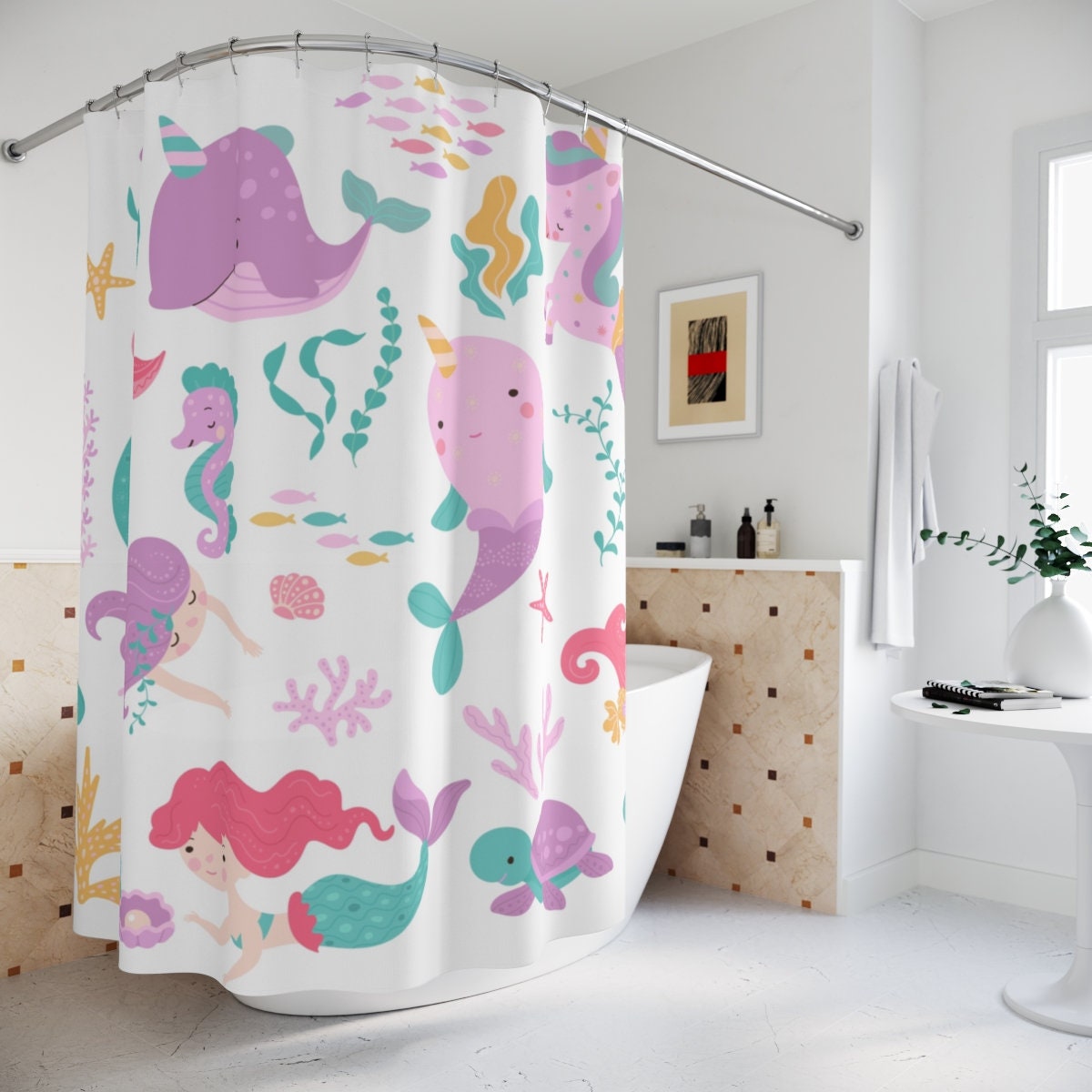 Mermaid and Unicorn Characters Shower Curtain for Kids Bathroom Decor