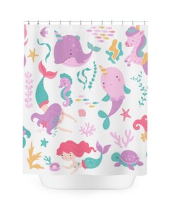 Mermaid and Unicorn Characters Shower Curtain for Kids Bathroom Decor