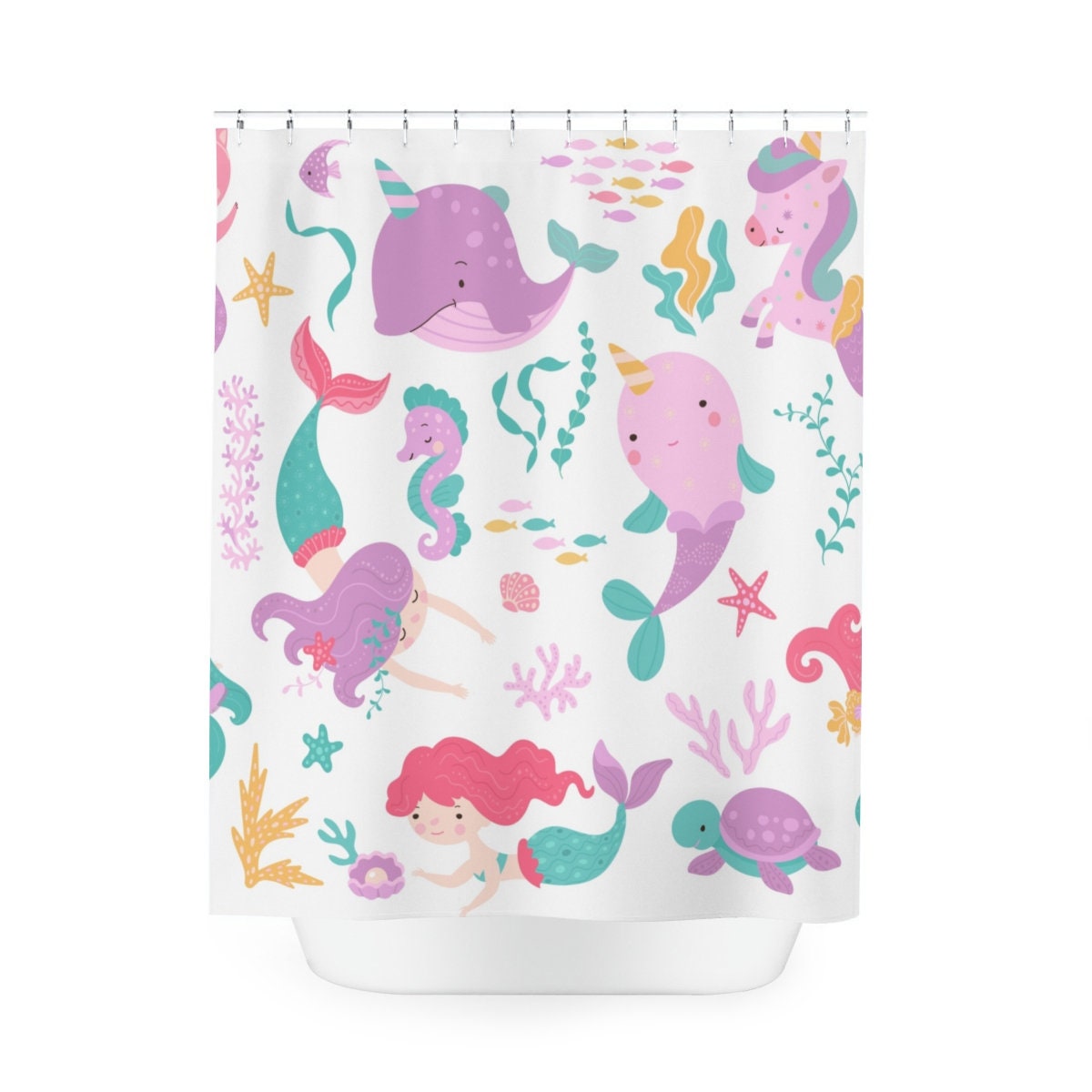 Mermaid and Unicorn Characters Shower Curtain for Kids Bathroom Decor