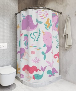 Mermaid and Unicorn Characters Shower Curtain for Kids Bathroom Decor