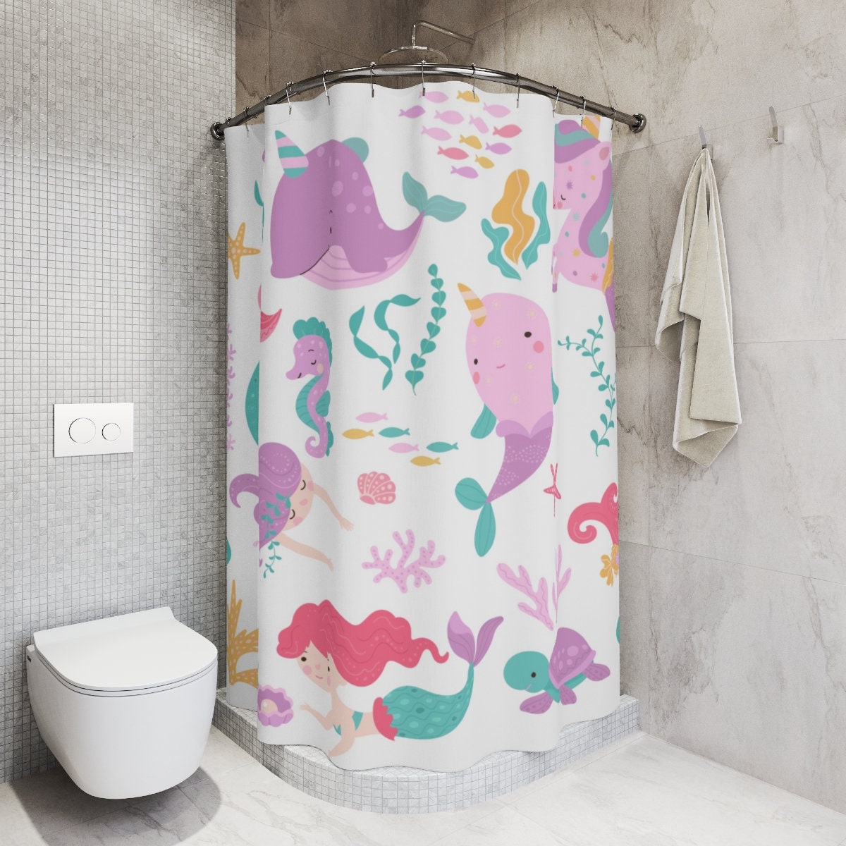 Mermaid and Unicorn Characters Shower Curtain for Kids Bathroom Decor