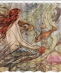 Mermaid in The Sea Print Fabric Shower Curtain for Oceanic Bathroom Decor