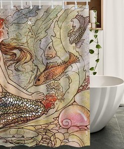 Mermaid in The Sea Print Fabric Shower Curtain for Oceanic Bathroom Decor