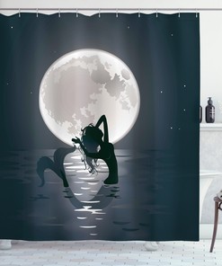 Mermaid in the Sea with Full Moon Cartoon Mythical Shower Curtain for a Whimsical and Playful Look