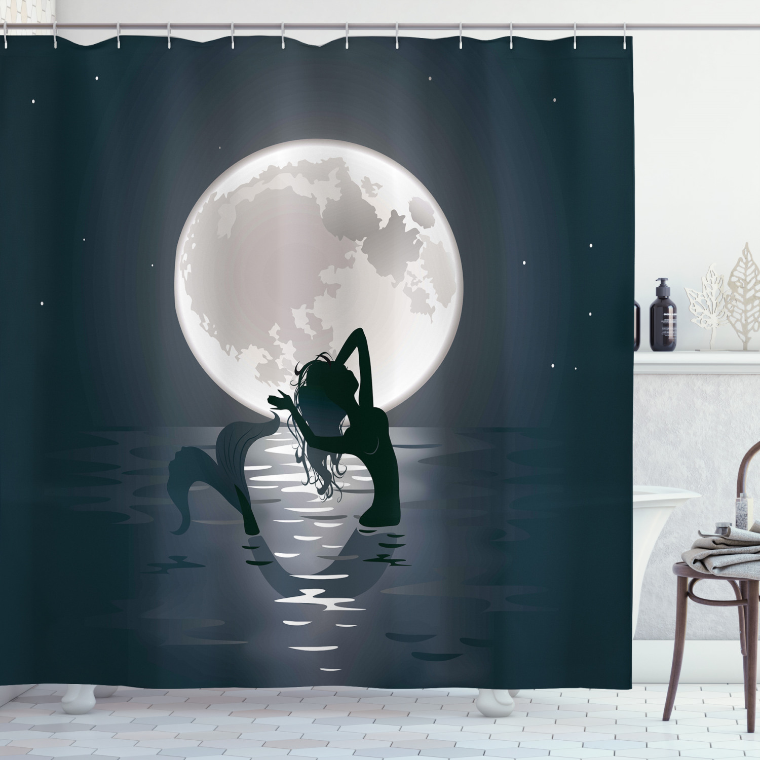 Mermaid in the Sea with Full Moon Cartoon Mythical Shower Curtain for a Whimsical and Playful Look