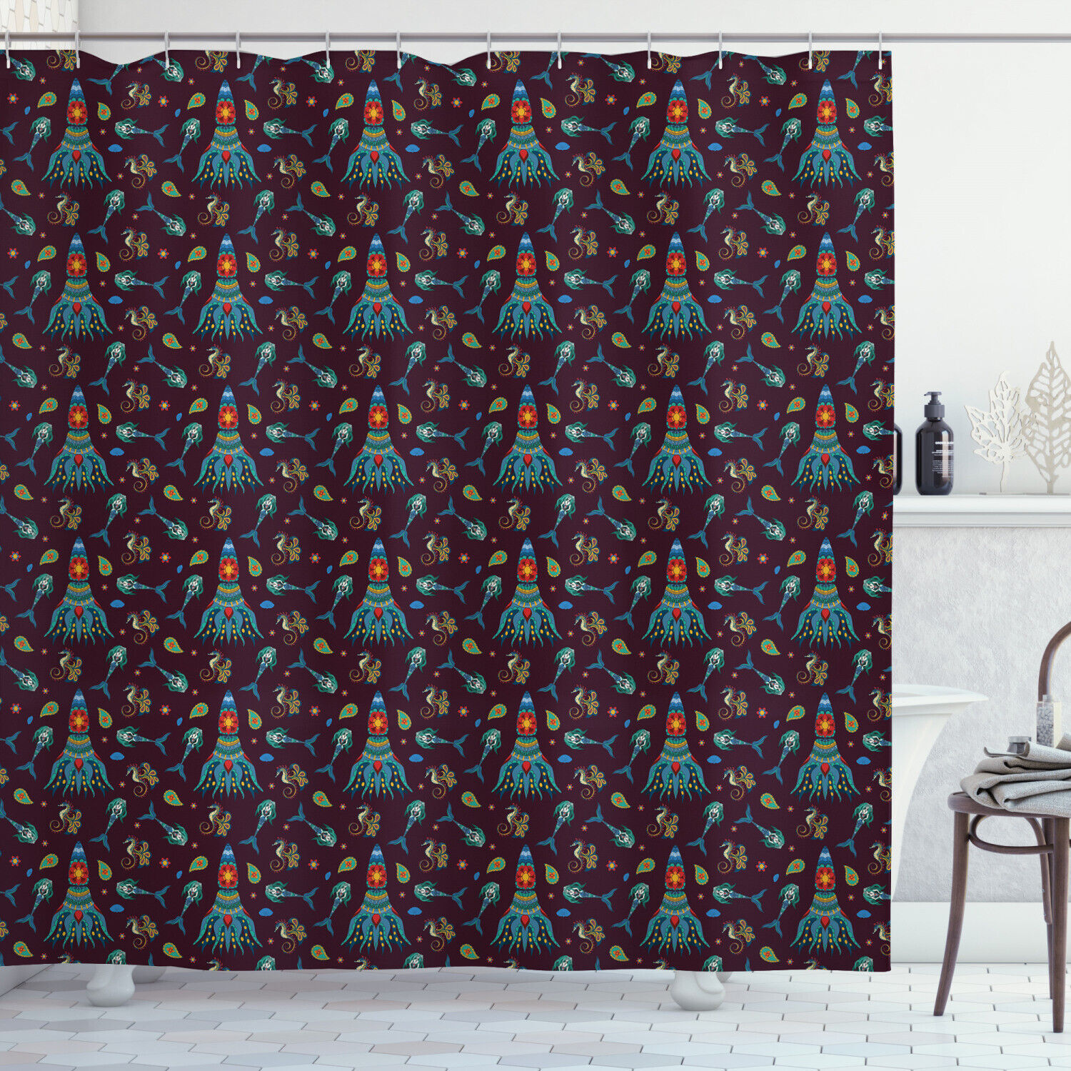 Mermaid-Print Octopus Shower Curtain for a Seaside Bathroom.