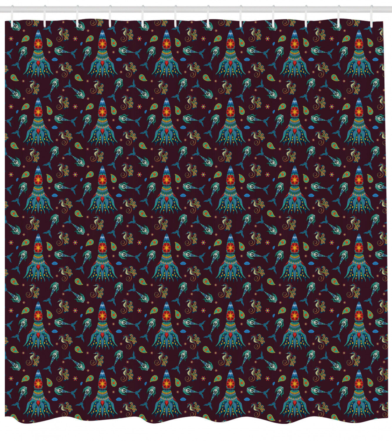 Mermaid-Print Octopus Shower Curtain for a Seaside Bathroom.