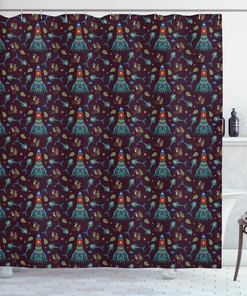 Mermaid-Print Octopus Shower Curtain for a Seaside Bathroom.