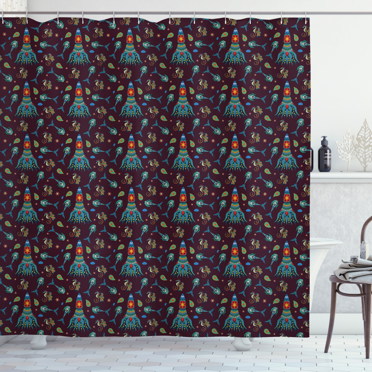 Mermaid-Print Octopus Shower Curtain for a Seaside Bathroom.