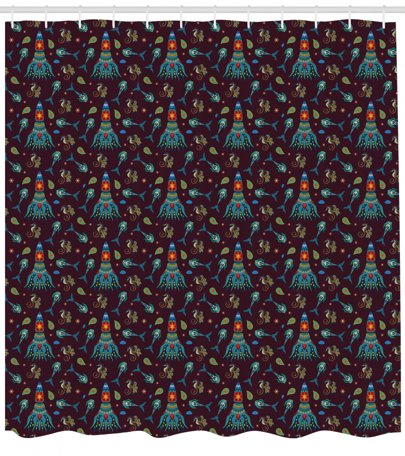 Mermaid-Print Octopus Shower Curtain for a Seaside Bathroom.